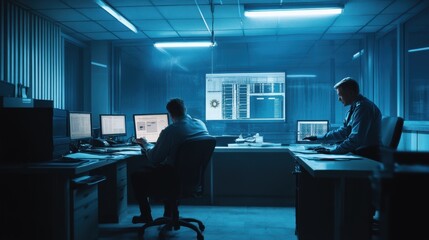 Law enforcement strategy meeting in police station office with technology