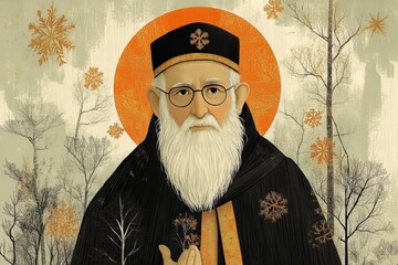 Illustrated portrait of a man with a long white beard wearing traditional religious attire with an orange halo background emphasizing cultural and spiritual reverence