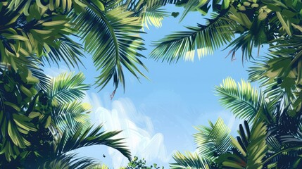Frame of palm tree branches and blue sky, nature background