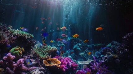 Lively underwater coral reefs With colorful fish and sunlight shining through.