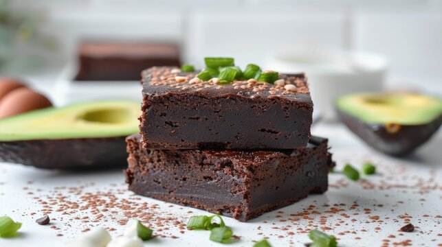 Vegan avocado brownie dessert on white kitchen table