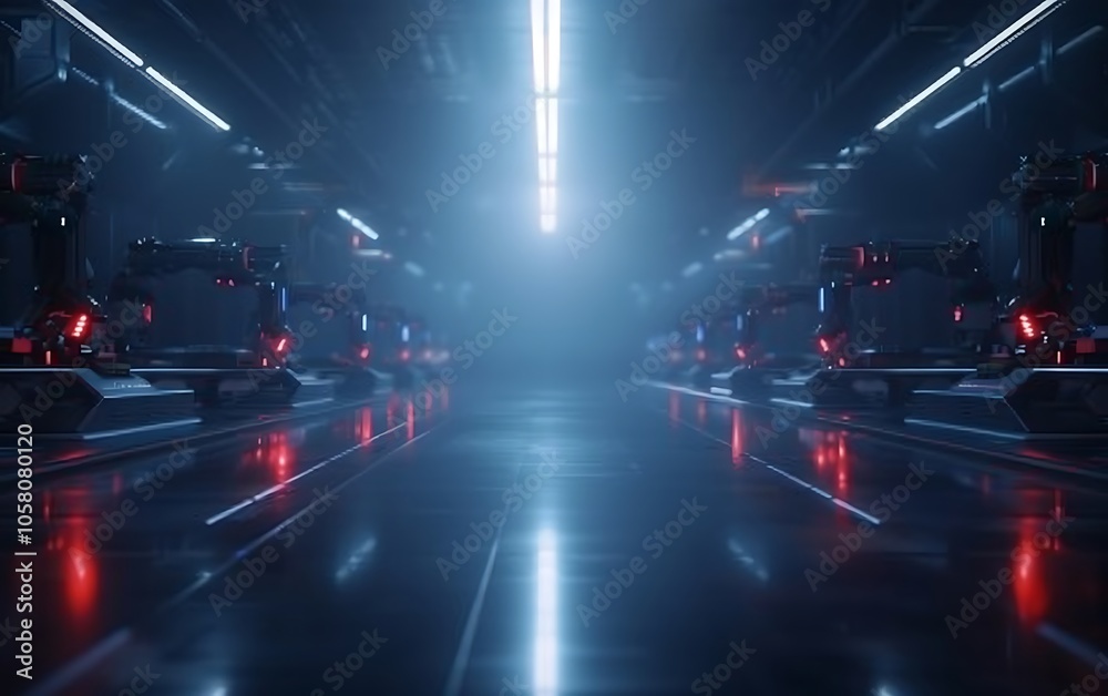 Aufkleber A futuristic scene featuring robotic arms in a dimly lit, high-tech environment with glowing accents and reflective surfaces.