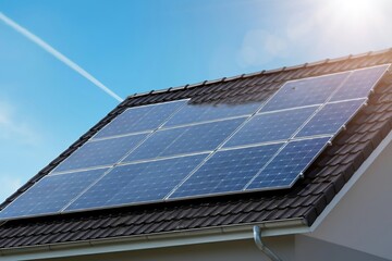 Fototapeta premium Solar panels on a house roof against a blue sky with sunbeam.