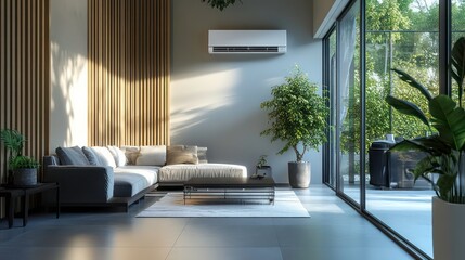 Modern living room with large windows, a sectional sofa, and plants.