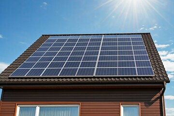 Fototapeta premium Solar panels on a house roof against a sunny blue sky.