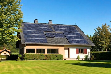 Fototapeta premium House with solar panels on the roof, surrounded by trees and a manicured lawn.