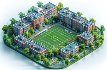 Aerial View of a School Campus with a Soccer Field