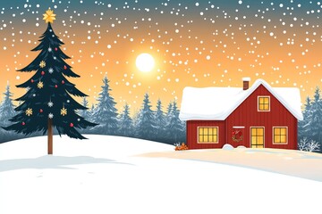 Winter landscape with snow covered house Christmas tree and golden sunset capturing the peaceful beauty and warmth of the holiday season in a cozy setting