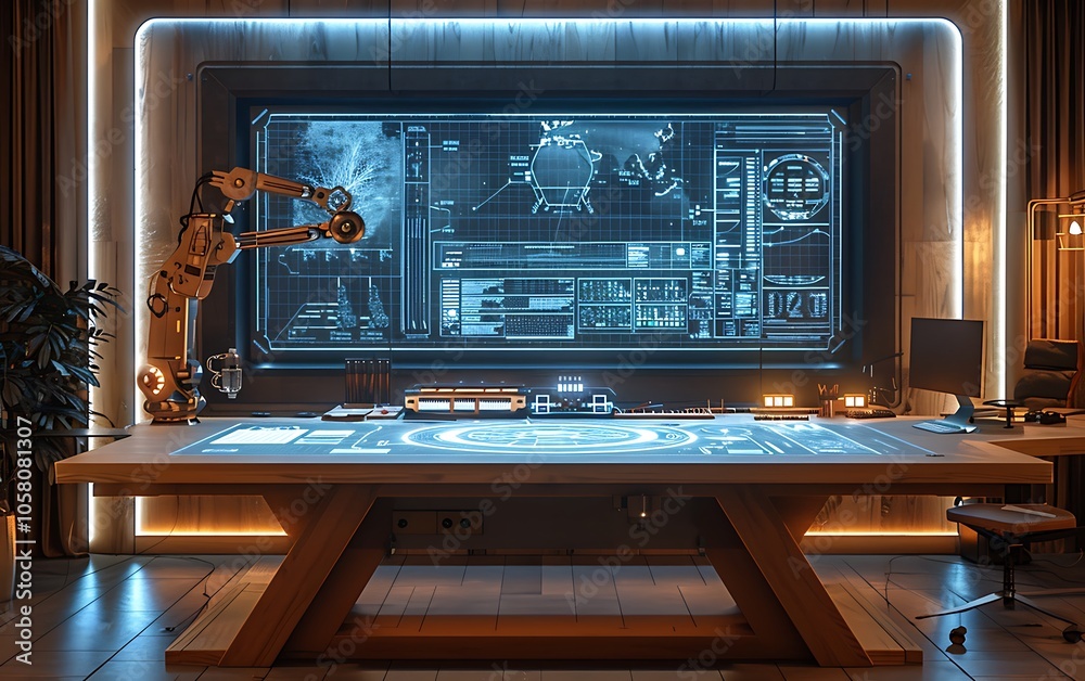 Aufkleber A modern, futuristic workspace with a high-tech control table, interactive displays, and robotic elements illuminated by ambient lighting.