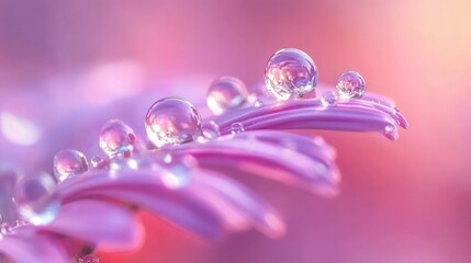 Dew drops sparkle on delicate pink flower petals in soft sunlight.