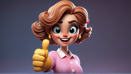 Smiling cartoon woman giving thumbs up in pink shirt