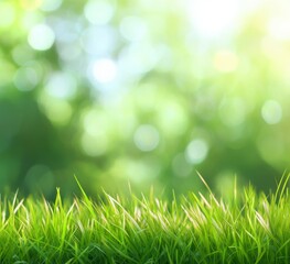 Obraz premium Blurred spring background with vibrant green grass and soft bokeh lights, ideal for nature-themed designs with 3D rendering and space for text.