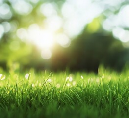 Blurred spring background with vibrant green grass and soft bokeh lights, ideal for nature-themed designs with 3D rendering and space for text.