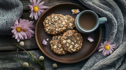 Fototapeta premium Homemade Cookies with Coffee and Fresh Flowers