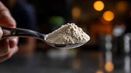 Fototapeta premium A silver spoon holds a heap of white powder, likely protein powder, against a blurred background.