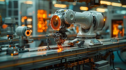 Fototapeta premium A robotic arm is performing intricate tasks in a modern industrial setting, surrounded by bright lighting and advanced technology.