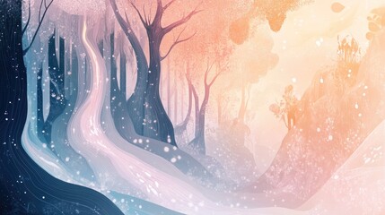 Enchanting background with flowing, mist-like shapes and pastel colors, inspired by magical fairy-tale scenes
