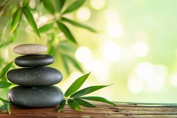 Fototapeta premium Zen stone stack with bamboo leaves on wooden table, serene spa concept banner with green background and ample copy space, capturing tranquility in boho style with smooth natural light.