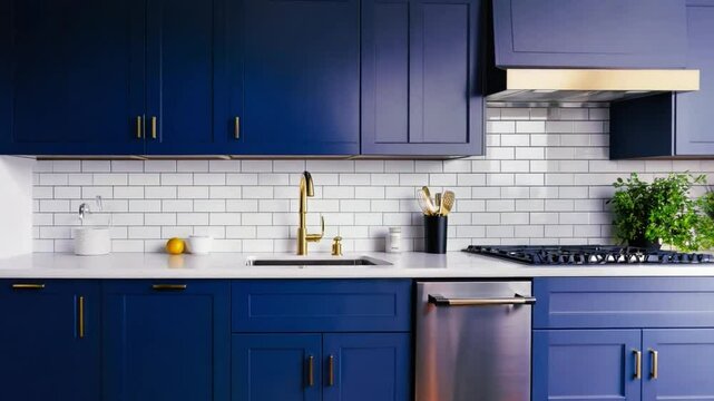 Modern kitchen with navy blue cabinets and gold accents featuring a sleek design and organized workspace