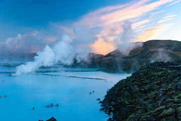 Blue Lagoon in Reykjanes, Iceland, in sunset