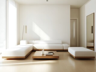 Fototapeta premium Cozy Modern Living Room with Neutral Tones, Stylish Decor, and Elegant Architecture- generative ai