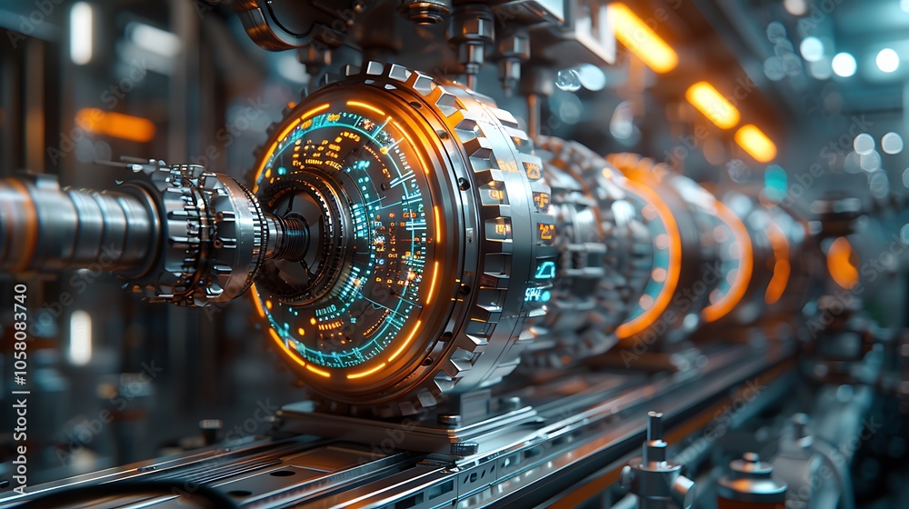 Poster A futuristic machinery component with glowing elements and intricate designs, showcasing advanced technology in a high-tech environment.