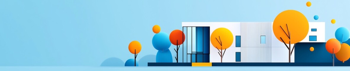 A vibrant illustration of a modern house surrounded by colorful trees. The serene blue background enhances the contemporary design, creating a cheerful atmosphere perfect for any artistic project.