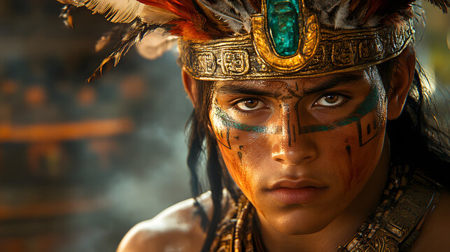 Young warrior in traditional attire with intricate face paint and feathers in a cultural setting