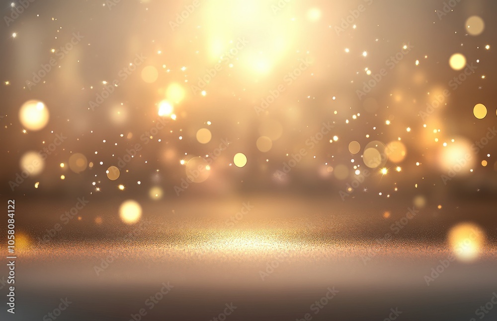 Aufkleber Abstract blurred background with golden bokeh lights and sparkling glitter on the floor. Background for product display presentation in a studio. Shiny golden light rays.