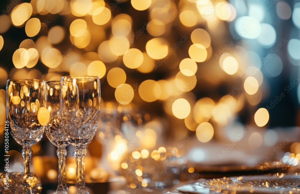 Poster elegant dining table set with crystal wine glasses and golden lights in the background, perfect for 