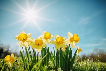 Fototapeta premium Yellow daffodils blooming in grassy field under blue sky with sun rays, capturing vibrant spring atmosphere