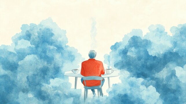 Man in red jacket sitting among blue clouds at table with coffee cups, reflecting on melancholic blue monday concept