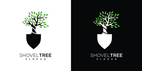 illustration of logo design of shovel tree. gardening logo concept shovel and nature tree © sang