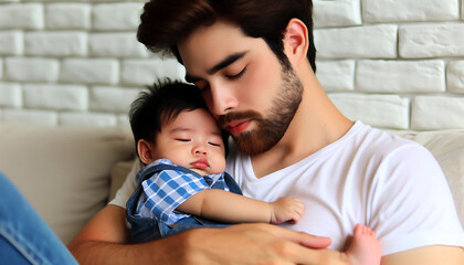 A loving family scene with a mother, father, and their happy baby at home, capturing the joy of childhood and parenthood together