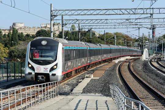 ISTANBUL- TURKEY, OCTOBER 25, 2024; Marmaray Train Station on the Europan Side. Gebze - Halkalı suburban train line.
