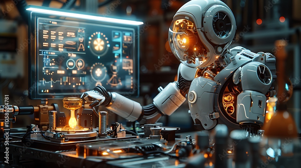 Aufkleber A futuristic robot interacts with a glowing control panel in a high-tech laboratory, showcasing advanced technology and automation.