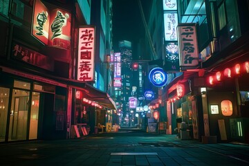 Vibrant Tokyo street at night illuminated by neon lights and signs, showcasing a futuristic cityscape in hyper-realistic photography that captures the energy and vibrancy of urban life.