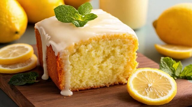 Delicious lemon cake with icing and fresh lemons in a cozy kitchen setting