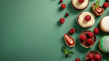 Display of desserts on a green background with copy space for advertising. Food and drink presentation.