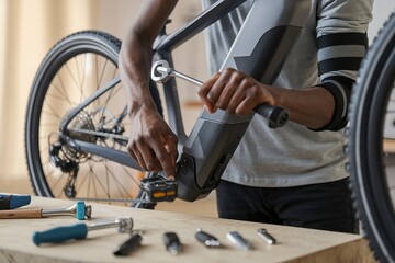 Black person repairing an e-bike. Close-up of a mechanic handling modern electric bicycle technology.