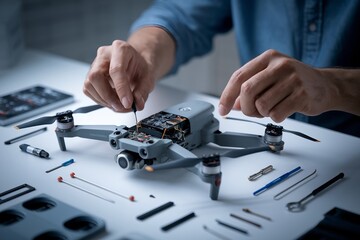 lose-up on drone repair. Technician working on disassembled components with precision tools. Modern technology and electronics being serviced to ensure optimal flight performance and functionality.