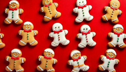 Gingerbread man cookies background pattern on a red background