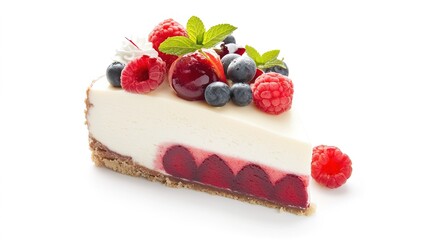 A delectable slice of cheesecake presented against a solid white background, showcasing its creamy texture and rich flavor. The smooth, velvety surface glistens invitingly, highlighting the luscious 