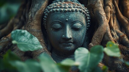 Fototapeta premium Tranquil Buddha statue nestled amongst tree roots and leaves, symbolizing peace and serenity.