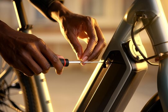 Black person repairing an e-bike. Close-up of a mechanic handling modern electric bicycle technology.