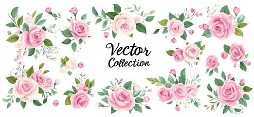 Vector floral elements featuring pink roses and green leaves on a white background, showcasing a romantic design with pastel colors and watercolor illustration, ideal for clip art.