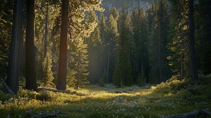 Obraz premium Sunlight streams through tall trees in a lush green forest, illuminating wildflowers in a meadow.