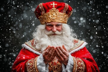 Bishop in traditional red and gold robes holding a cross surrounded by snowfall in a festive outdoor holiday setting symbolizing tradition reverence and holiday spirit