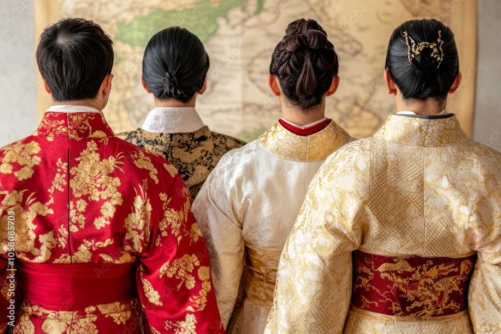 Wall mural four people wearing traditional korean hanbok clothing stand facing a map in a room.