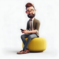 3D illustration of a bearded man wearing glasses and casual clothing, sitting on a blue bean bag and using a smartphone, with a solid orange background. Ideal for themes of relaxation, technology, and